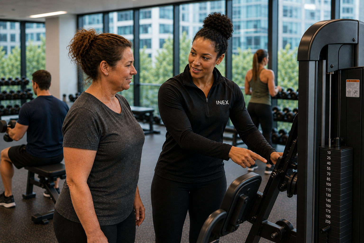 INEX coach helping an employee get comfortable with workplace fitness equipment